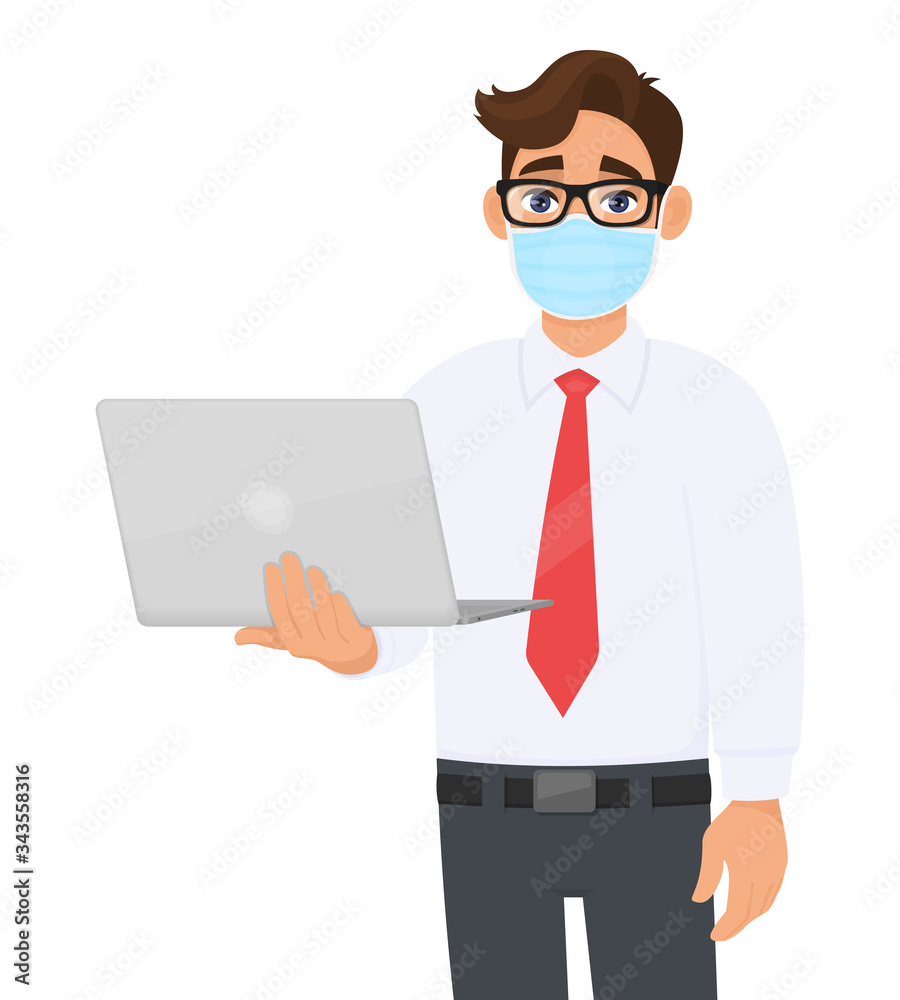 Young business man wearing medical mask and holding laptop computer. Person with eye glasses carrying PC. Modern lifestyle and digital technology. Male character illustration in vector cartoon style. Young business man wearing medical mask and holding laptop computer. Person with eye glasses carrying PC. Modern lifestyle and digital technology. Male character illustration in vector cartoon style.