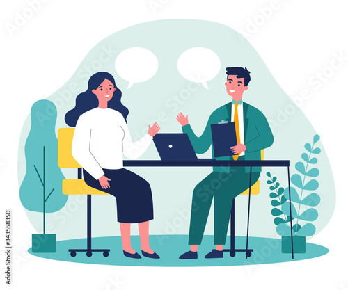 Candidate and HR manager having job interview. Business man and woman meeting at table, talking with speech bubbles. Vector illustration for conversation, career, human resource concept
