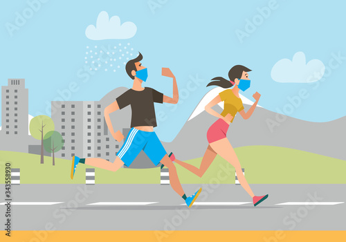 Active people in face masks running outdoors. Man and woman jogging during coronavirus outbreak. Vector illustration for fitness, exercising, epidemic concept