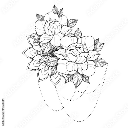 Linear hand drawing flowers with mandala for greeting card, invitation, Henna drawing and tattoo template. Vector illustration