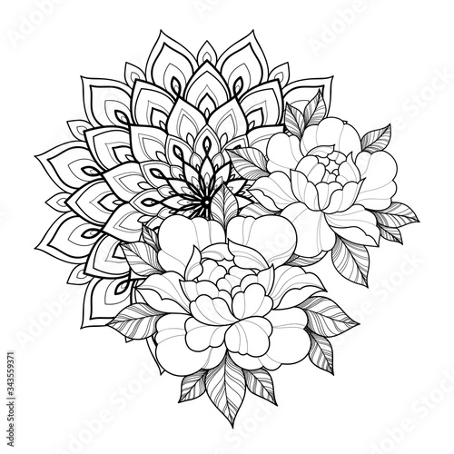 Linear hand drawing flowers with mandala for greeting card, invitation, Henna drawing and tattoo template. Vector illustration