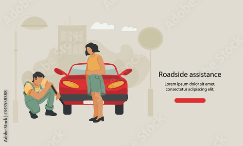Web banner for car repair, roadside assistance or towing service with repairman replacing wheel. First aid after road accident or automobile breakdown landing page template. Flat vector illustration.