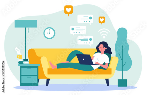 Beautiful woman relaxing at sofa with laptop computer flat vector illustration. Young girl staying at home and chatting with friends via digital device. Digital technology and entertainment concept.