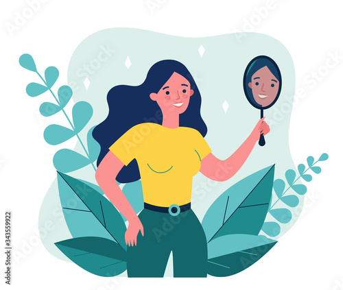 Self centered woman suffering from narcissism. Smiling girl looking at herself in mirror. Vector illustration for ego, psychology, reflection concept