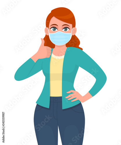 Young girl wearing medical mask and showing thumbs up sign. Woman covering face protection from virus epidemic and gesturing hand finger symbol. Female character cartoon illustration in vector design.