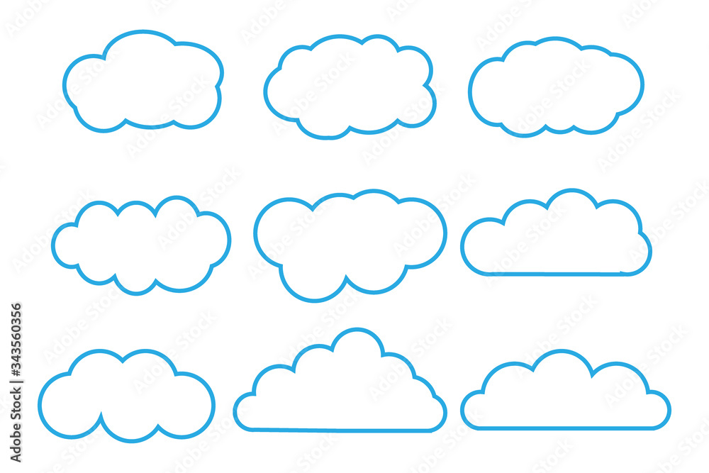 Outline cartoon flat style clouds icon collection. Weather forecast logo symbol. Vector illustration image. Isolated on white background. Outline cartoon flat style clouds icon collection. Weather forecast logo symbol. Vector illustration image. Isolated on white background.