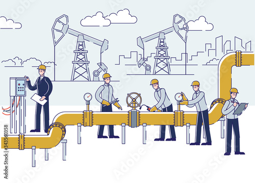 Oil Production, Offshore And Gas Industry. People Work On Oil And Rig Plant. Operators Control Oil And Gas Transportation From Plant By Oil Pipeline. Cartoon Linear Outline Flat Vector Illustration
