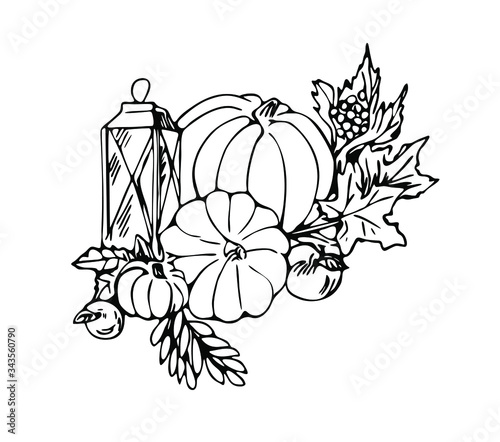 Pumpkins with lamp, apples, maple leaves and berries. Design for thanksgiving, autumn postcard sketch.