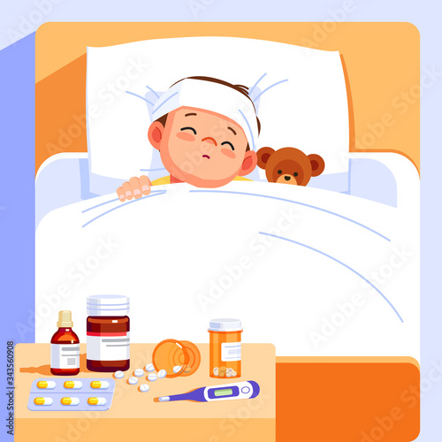 Sick boy sleep in bed with a teddy bear and feel so bad with fever. Cartoon vector illustration.