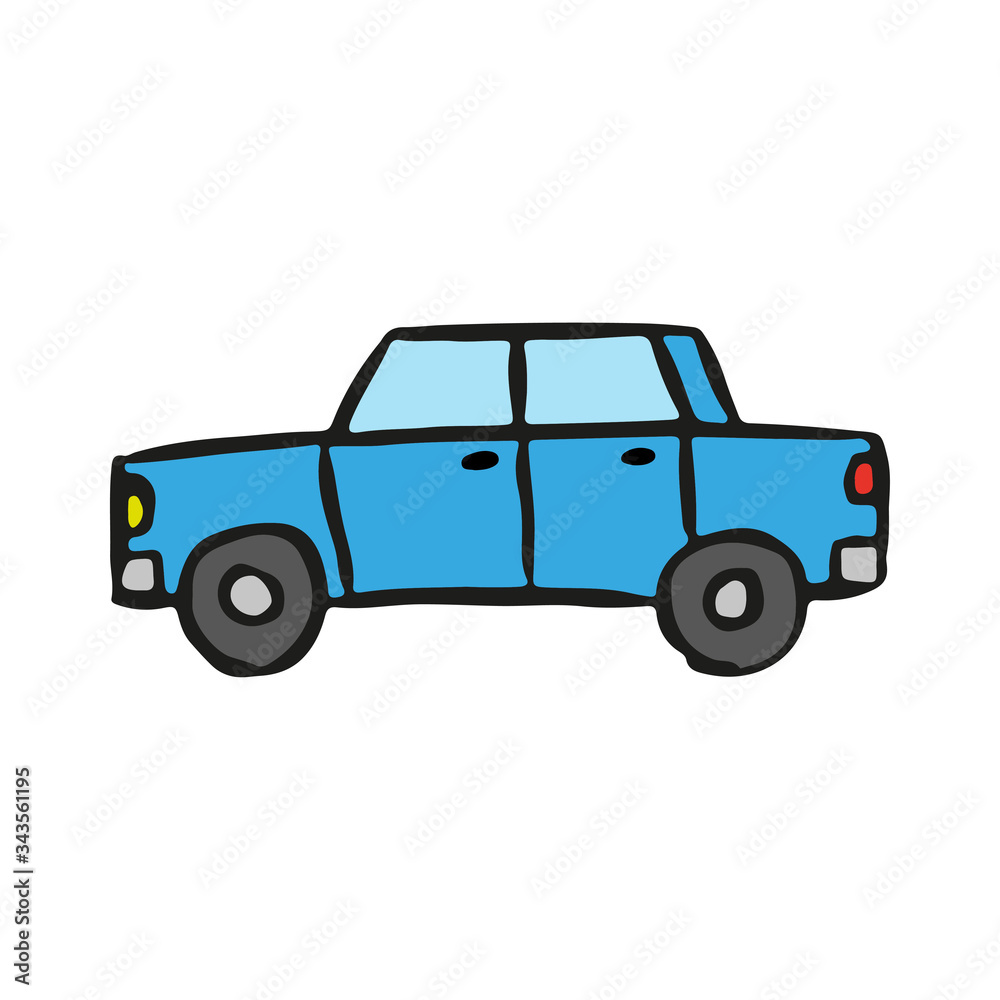 Cartoon blue car icon. Side view. Hand drawn vector graphic illustration. Isolated object on a white background. Isolate. Cartoon blue car icon. Side view. Hand drawn vector graphic illustration. Isolated object on a white background. Isolate.