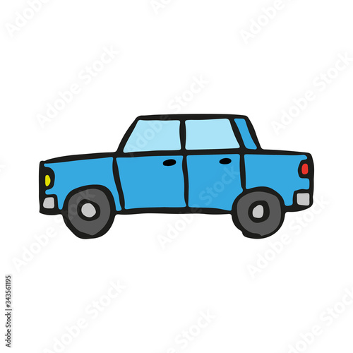 Cartoon blue car icon. Side view. Hand drawn vector graphic illustration. Isolated object on a white background. Isolate.
