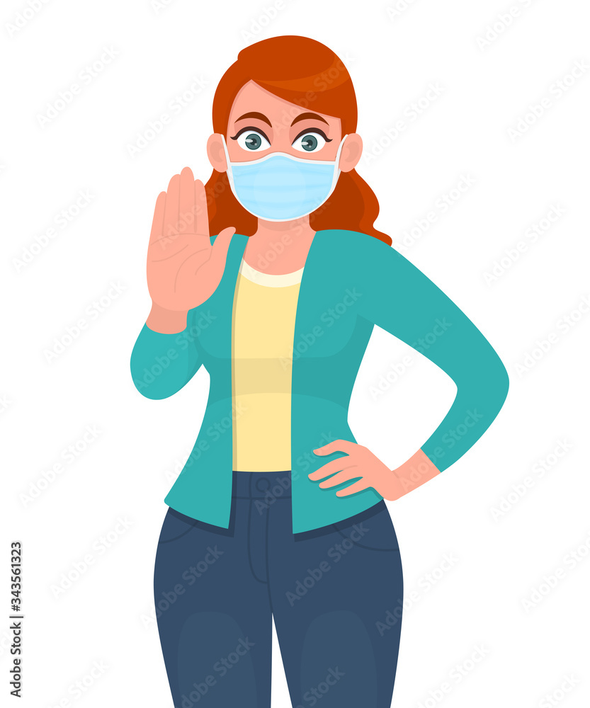 Young woman wearing medical mask and showing stop gesture sign. Girl covering face protection from virus epidemic and gesturing hand palm symbol. Female character cartoon design illustration in vector Young woman wearing medical mask and showing stop gesture sign. Girl covering face protection from virus epidemic and gesturing hand palm symbol. Female character cartoon design illustration in vector