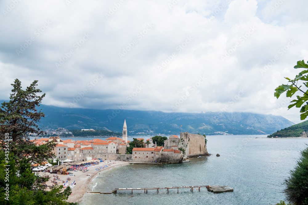 Budva old town and beach seascape view at Kotor Bay in  Montenegro 