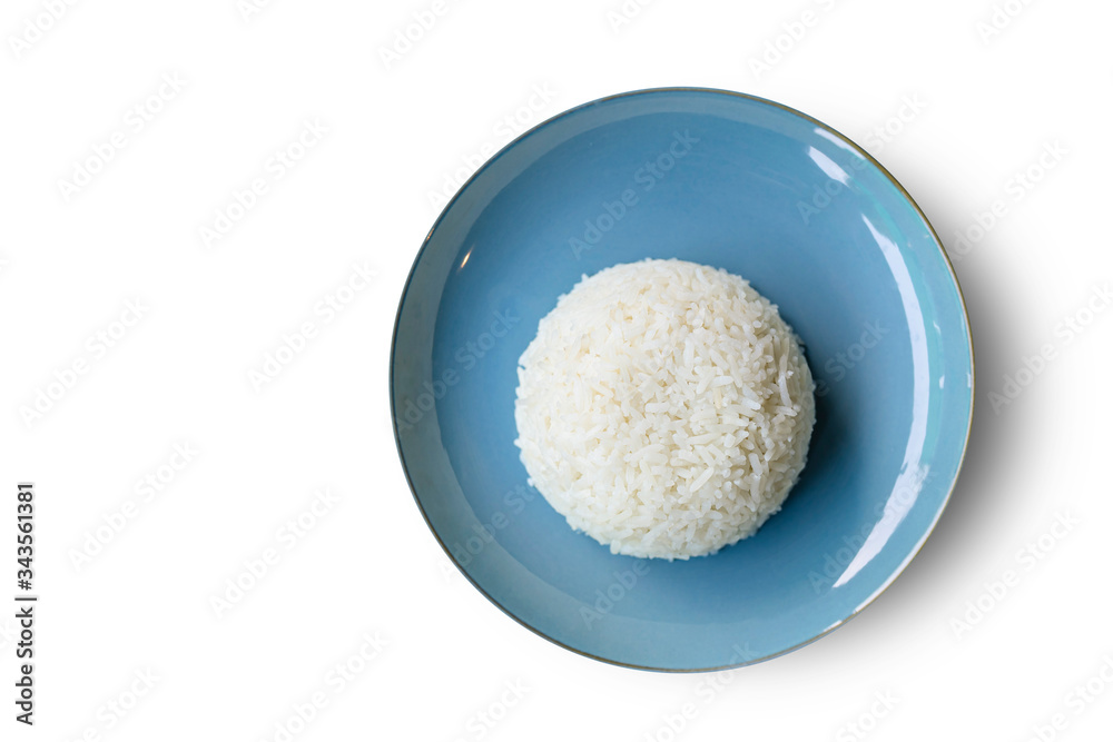 Cooked white jasmine rice on blue plate.