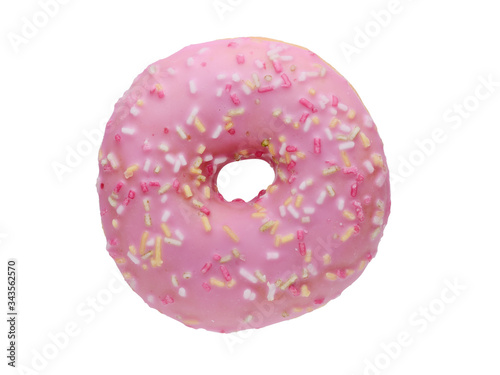 Fresh doughnut with pink icing, top view isolated on white background