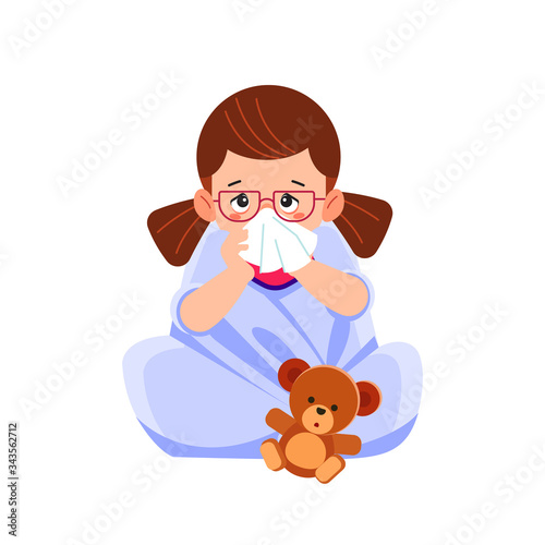 Sick child girl sitting in bed with toy bear and blowing her nose, feel so bad with fever. Cartoon vector illustration