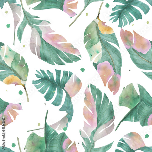 Watercolor painting seamless pattern with tropical banana leaves