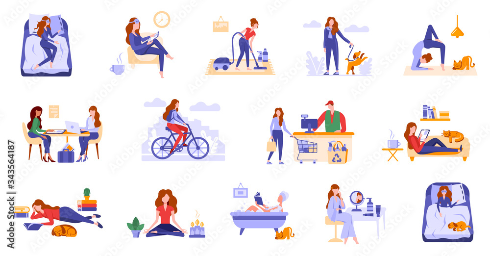 Young women spend leisure time, take care of herself. Daily routine, life scenes, everyday activities of a woman. Girls sleep, take bath, work, do sport, shopping, do hobbies, cleaning, surf internet