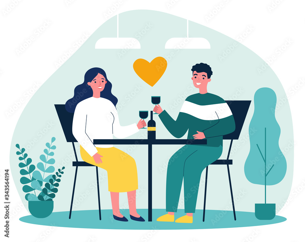 Happy young couple dating in restaurant on Valentines day. Man and woman sitting at table, drinking wine, celebrating anniversary. Vector illustration for relationship, love, romantic dinner concept