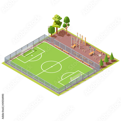 Vector 3d isometric green grass field for football games and street workout area. Soccer pitch near outdoor athletic gym with bar, bench and ladder. Sport concept. Isometry isolated on white