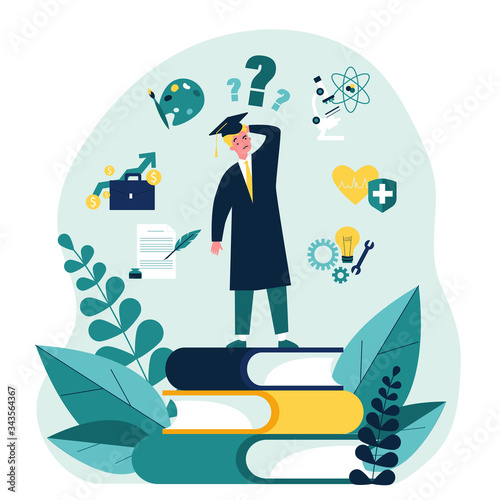 Puzzled student making choice about his future career path flat vector illustration. Young guy choosing college and needing guide from advisor. Education and university concept.