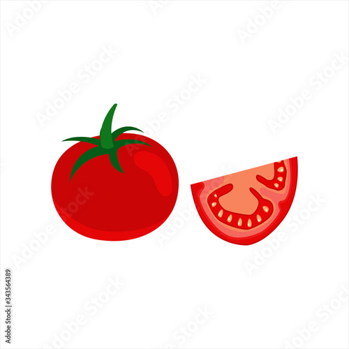 Fresh red tomatoes and tomato slice isolated flat design on white background. Juicy ripe tomato - harvesting. Vector illustration