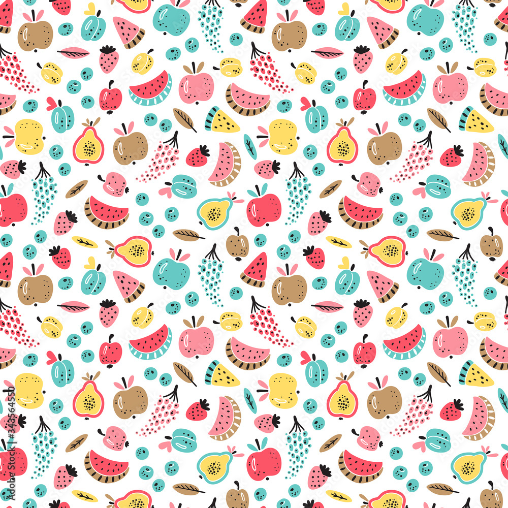 Cartoon Berries and Fruits Vector Seamless Pattern. Colorful Fruit Wallpaper.  Healthy Summer Food Background Stock Vector | Adobe Stock