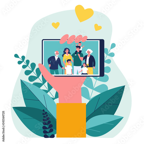 Hand holding phone with family photo on screen flat vector illustration. Picture of parents, grandparents and children on smartphone. Digital technology and relations concept