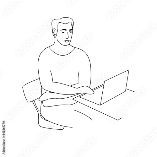Outline vector illustration of the man working with laptop.