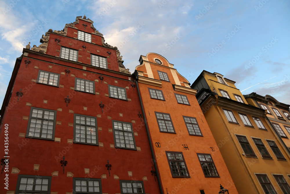Famous Swedish red and yellow houses on Stortorget in old town of Stockholm, Sweden