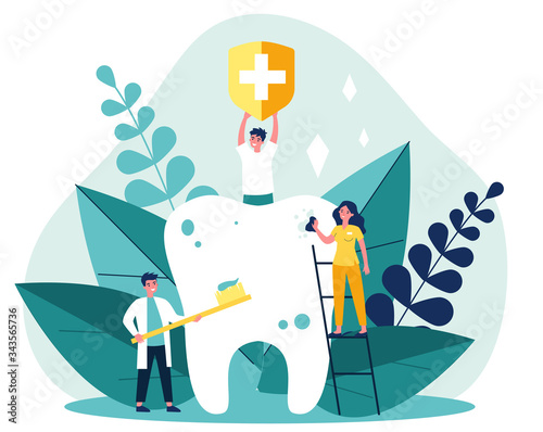 Tiny people cleaning big tooth flat vector illustration. Man holding banner with medical symbol. Doctor and dentist brushing teeth with toothbrush. Stomatology and healthcare concept.
