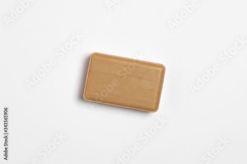 Brown Soap on a white background. Mock-up, a place for your label. Antibacterial soap.High-resolution photo.Top view.