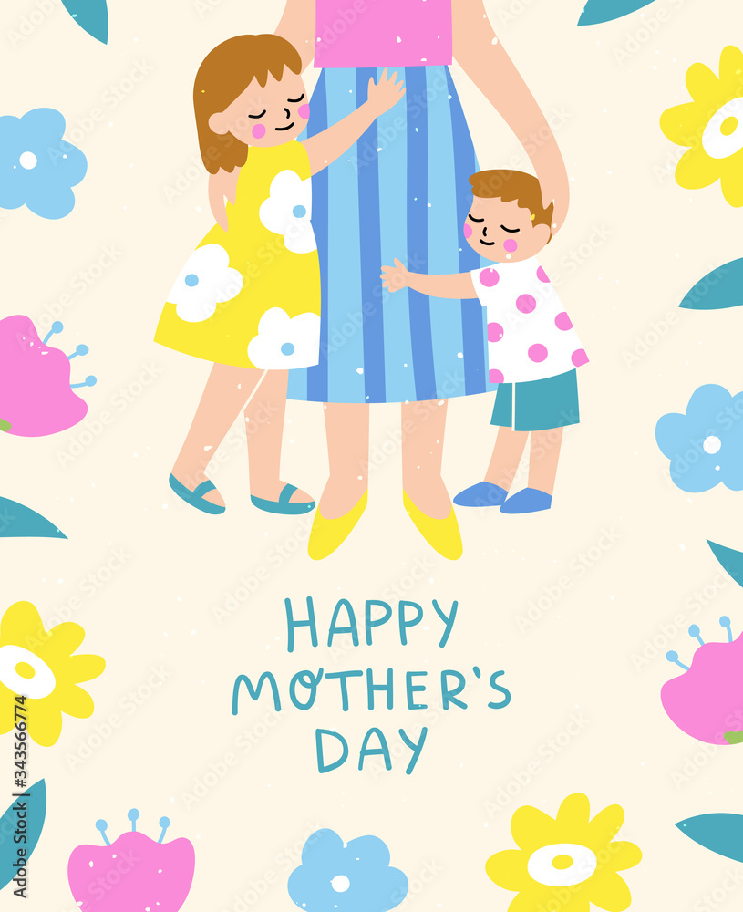 Happy Mother's Day template design for a card, poster or a banner. Cute and  colorful vector illustration of kids hugging their mom surrounded by  flowers. Flat cartoon style. Stock Vector | Adobe