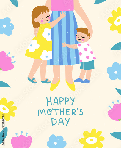 Happy Mother's Day template design for a card, poster or a banner. Cute and colorful vector illustration of kids hugging their mom surrounded by flowers. Flat cartoon style.