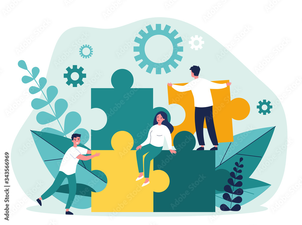 Business team constructing jigsaw solution. People connecting big pieces of puzzle. Vector illustration for community, merger, discovery, teamwork concept