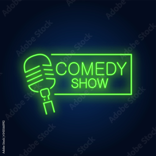 Comedy show neon sign. Microphone with rectangular frame on brick wall background. Night bright advertisement. Vector illustration in neon style for stand up show