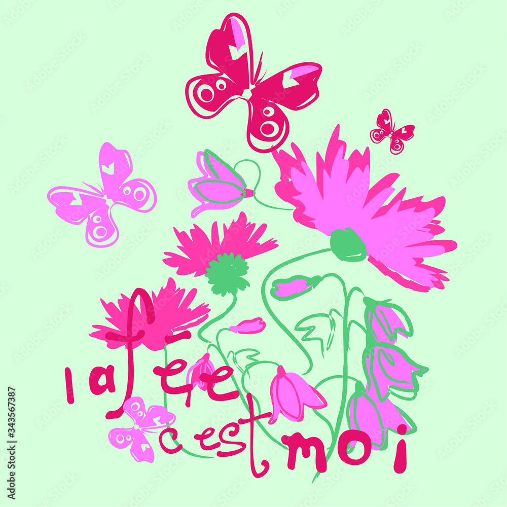I'm a fairy.  Beautiful bouquet flowers girl fashion vector character illustration
