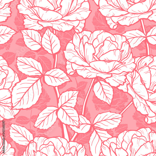 Vector Flowers and Leaves Seamless Pattern. Hand drawn Branches of Rose Flower outline Sketch. Beautiful Bouquet of Summer garden Roses flowers. Vintage Floral Background. Plants Wallpaper