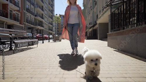 Girl walking outdoors with dog during pandemic of COVID-19