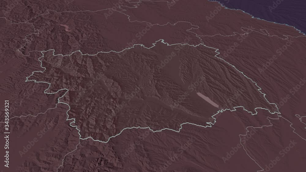 Bacău, county with its capital, zoomed and extruded on the administrative map of Romania in the conformal Stereographic projection. Animation 3D