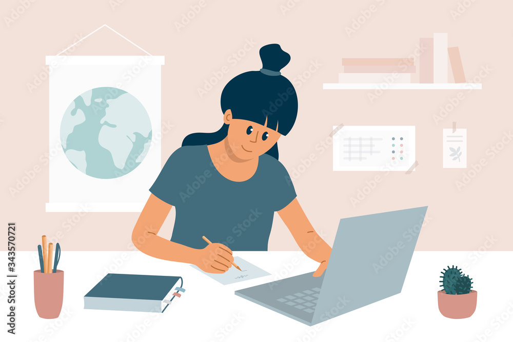 Stay at home, study remotely. E-learning, online education, student internet courses. Cute girl sitting behind work table, writing school lesson, using laptop. Working or learning process illustration