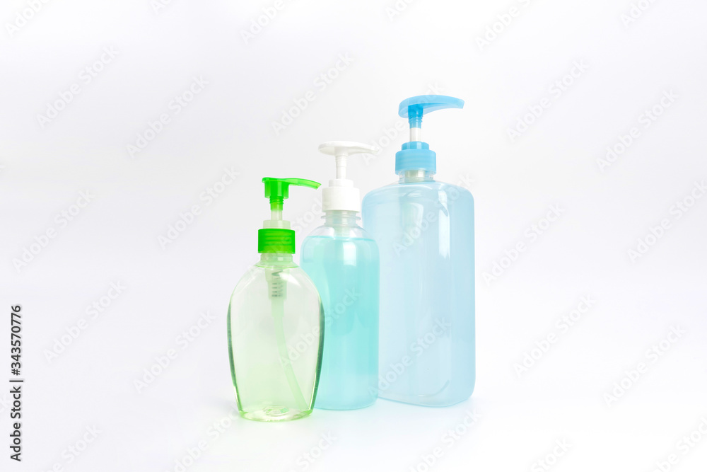 coronavirus (COVID-19) protection blue and green gel sanitizer set, isolated on white background in studio light. coronavirus (COVID-19) protection blue and green gel sanitizer set, isolated on white background in studio light.