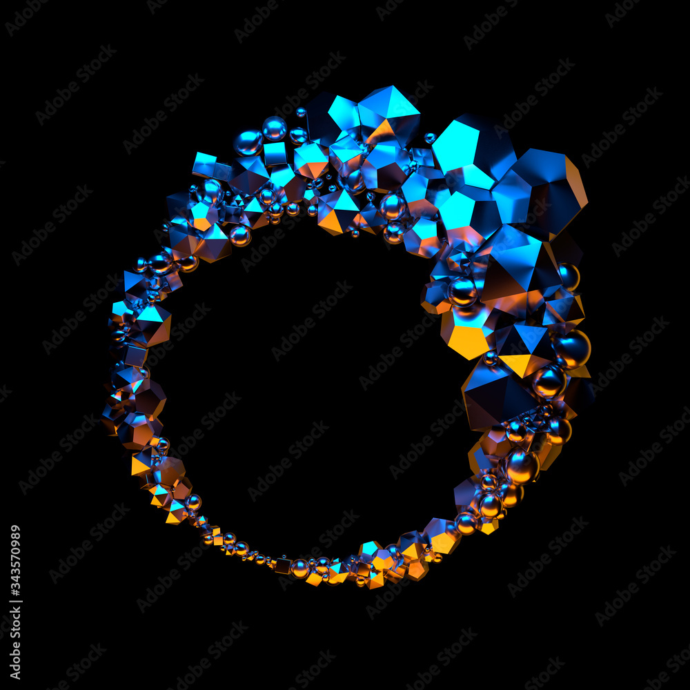 Abstract jewelry circular composition of low poly spheres and polygons in the form of a ring. Mockup frame for your design isolated on black background 3d illustration Abstract jewelry circular composition of low poly spheres and polygons in the form of a ring. Mockup frame for your design isolated on black background 3d illustration