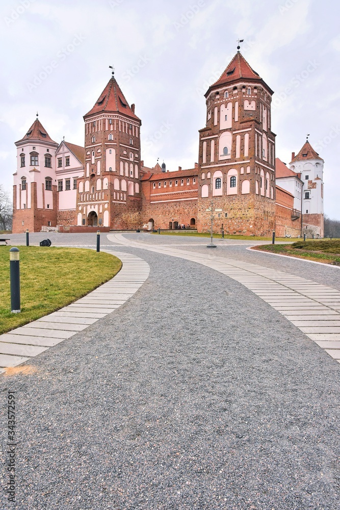 Minsk, Belarus - March 2020. Beautiful medieval Mir castle. Famous landmark in Belarus. Red bricks old castle complex Mirsky zamok. UNESCO world heritage
