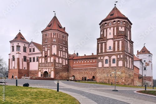 Minsk  Belarus - March 2020. Beautiful medieval Mir castle. Famous landmark in Belarus. Red bricks old castle complex Mirsky zamok. UNESCO world heritage