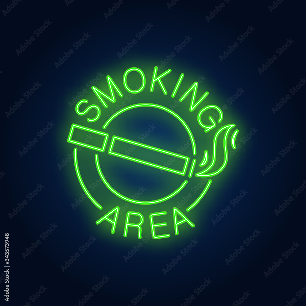 Smoking area neon sign. Cigarette with smoke in round. Night bright