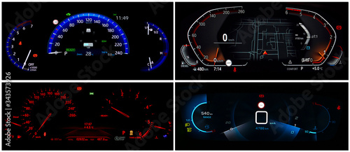 Illuminated car dashboards collage. Four different types of full digital car cluster. Instrument panel with speedometer, tachometer, odometer, fuel gauge, oil temperature gauge and seat belt reminder.