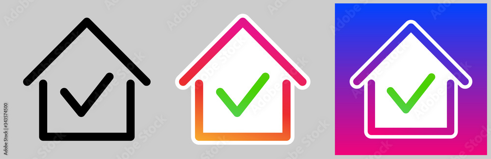Set of stay home icons with house frame and check mark inside. Set of stay home icons with house frame and check mark inside.