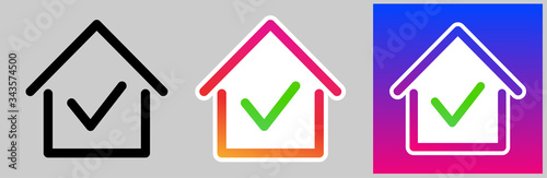 Set of stay home icons with house frame and check mark inside.