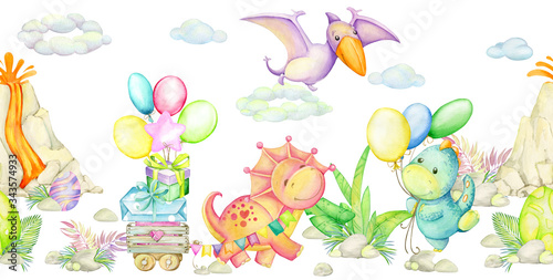 Dinosaurs  with gifts  with balloons. Watercolor seamless pattern  on an isolated background. Cute prehistoric animals for children s holiday.